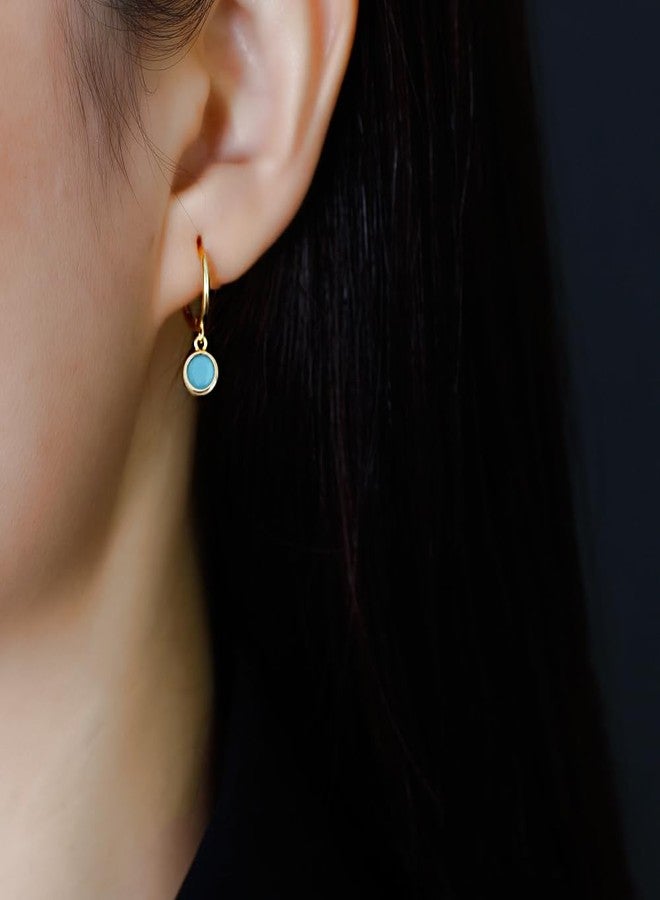 Dtja Dainty Bezel Hoop Earrings for Women Girls 925 Sterling Silver Hypoallergenic 6mm Round CZ Birthstone Charms Dangle Drop Cartilage Small Hoops Huggie Jewelry Cute Birthday Holiday Homecoming BFF Gifts (Gold Turquoise) - Image 2